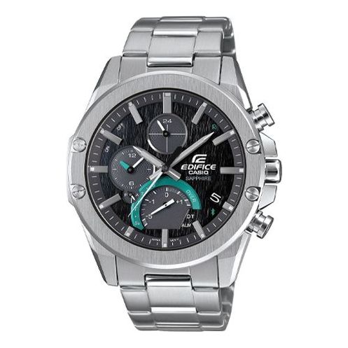 CASIO EDIFICE Quartz Waterproof Sapphire Crystal Solar Powered Black DialSilver Strap Mens BlackSilver Analog EQB-1000D-1