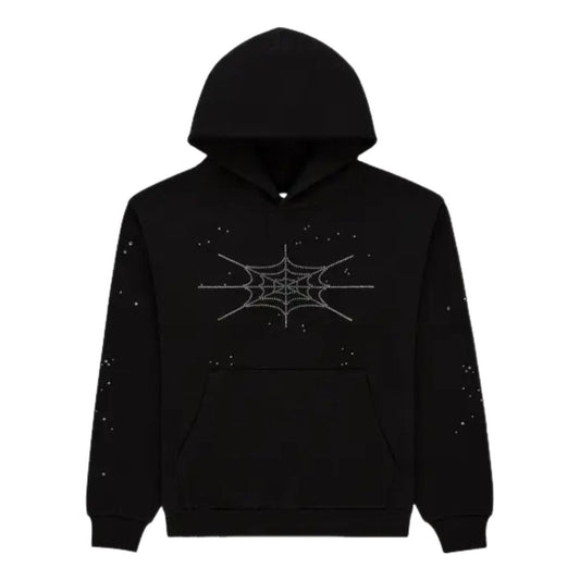 Sp5der Rhinestone Silk Hoodie 'Black' ST026FW25BLK