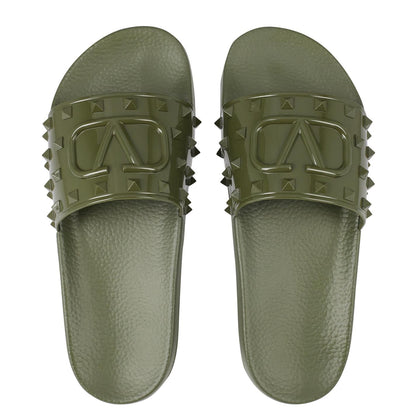 Valentino Khaki Logo Embossed Rubber Sliders