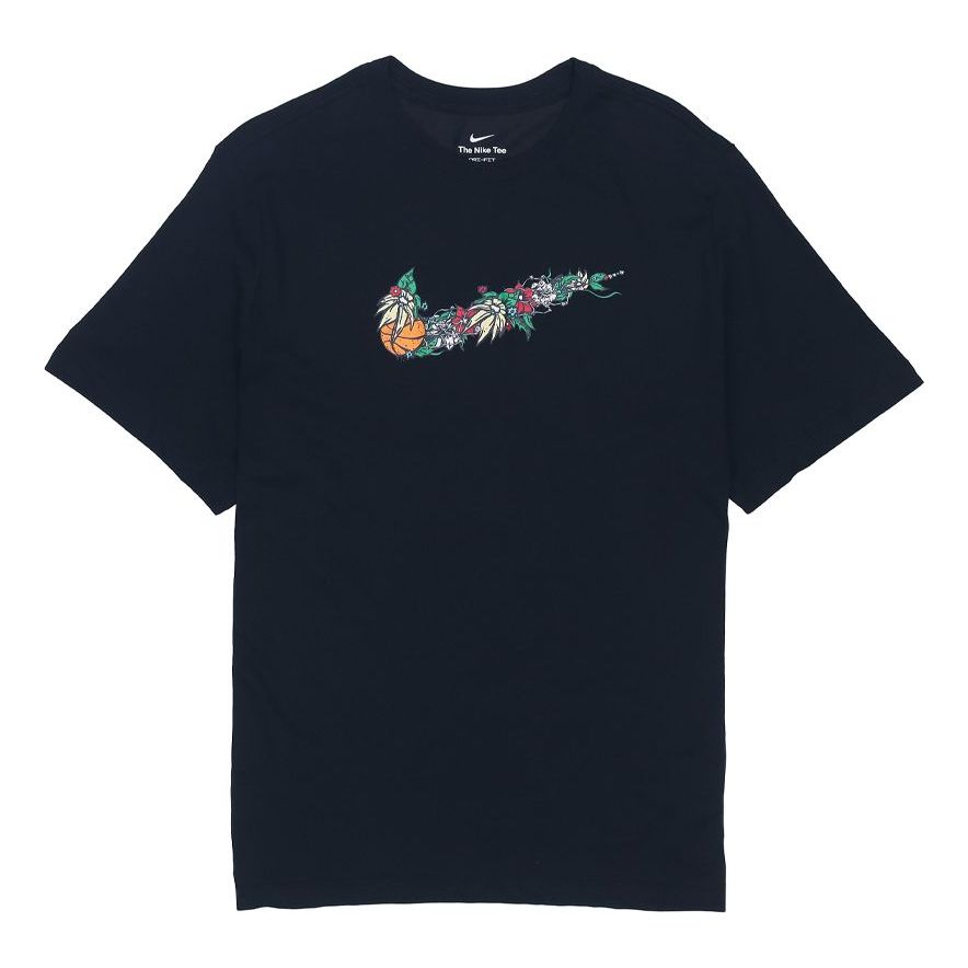Men's Nike Flowers Large Logo Casual Sports Solid Color Round Neck Short Sleeve Black T-Shirt DV1215-010