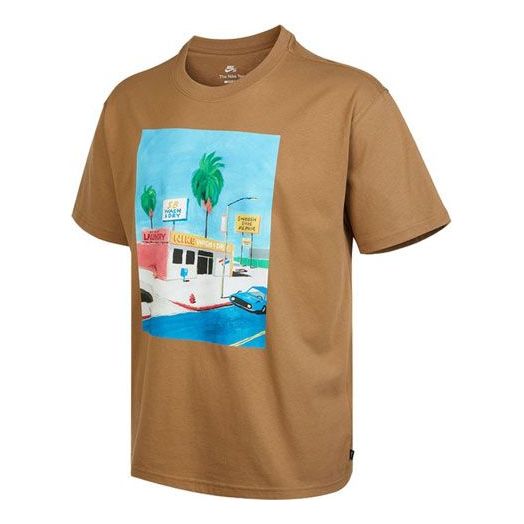 Nike SB Skateboard Cartoon landscape Pattern Skateboard Round Neck Short Sleeve Brown DR7766-258