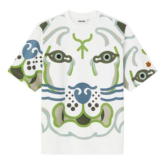 Men's KENZO SS21 TIGER Printing Round Neck Pullover Short Sleeve White FB55TS0514SB-01B